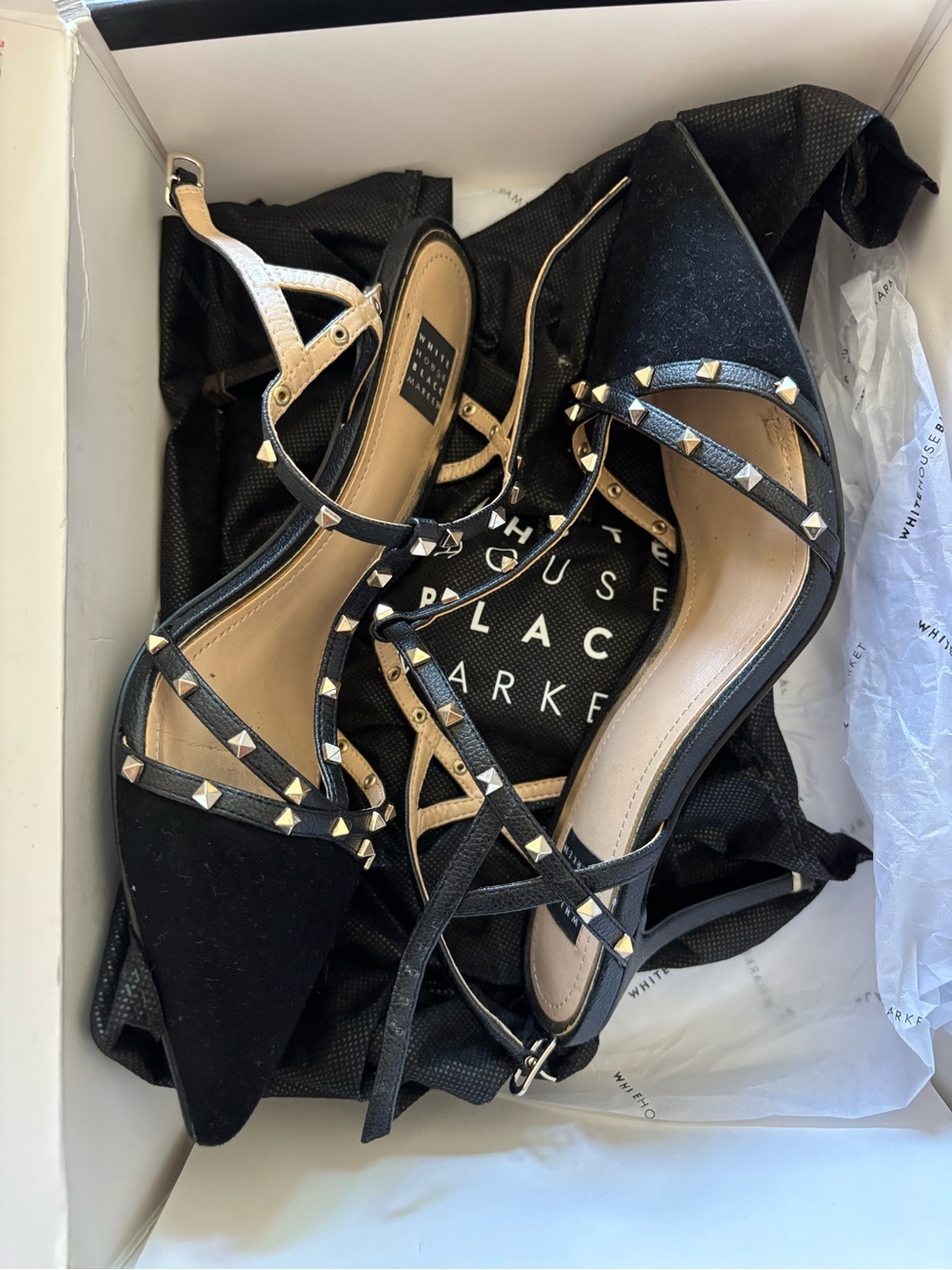 White House Black Market Black Pointed-Toe Studded Ankle-Strap Flats